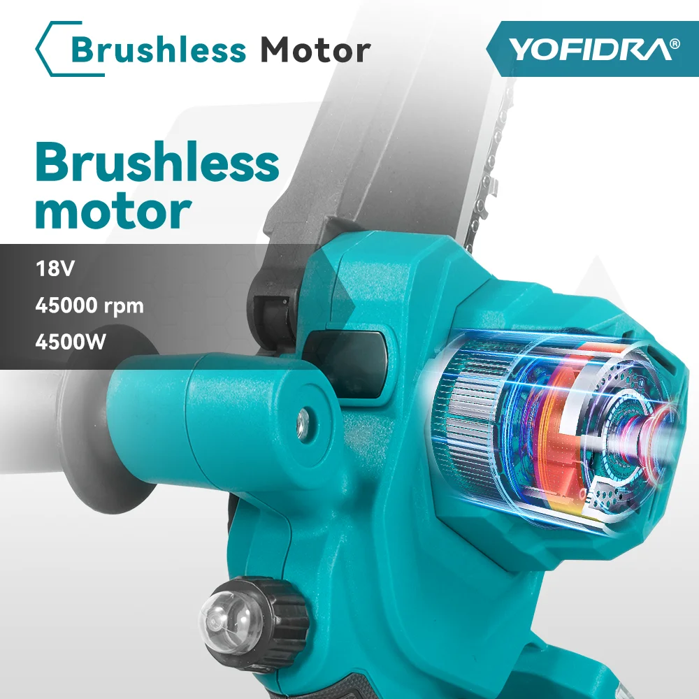 YOFIDRA Brushless 8 Inch Electric Chainsaw Cordless Woodworking Pruning Saw Garden Cutting Power Tool For Makita 18V Battery Pin