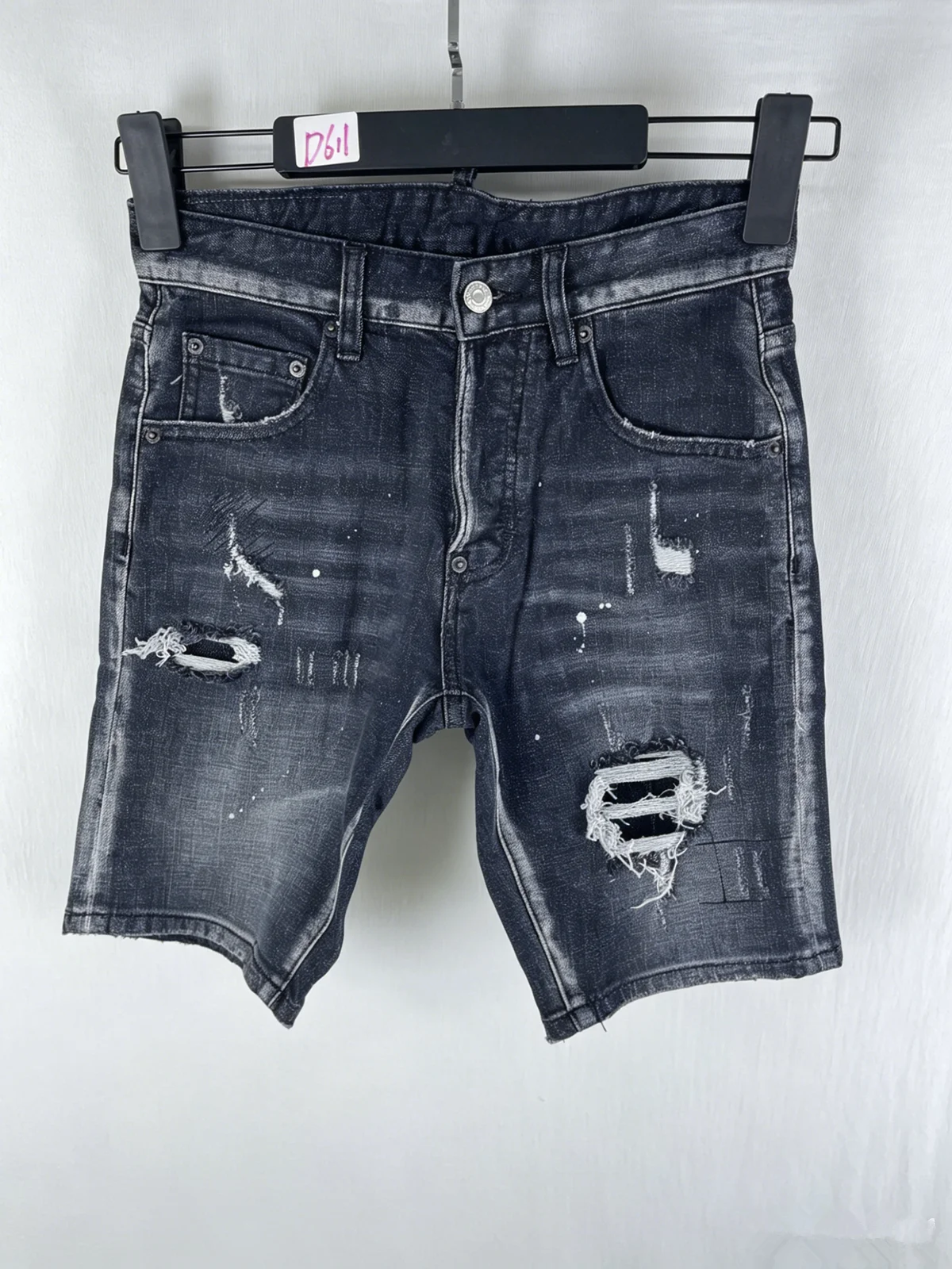 

D611 Summer New Men's Jeans Washed Ripped Patch Ink Slim-Fit Black Denim Shorts for Men