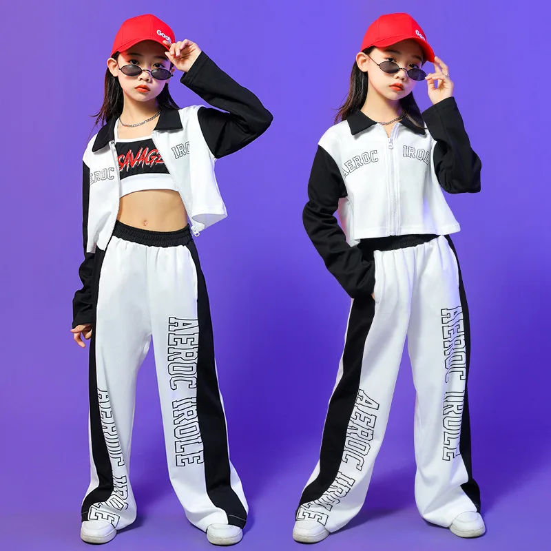 

Kids Suits Girls Exposed Navel Jacket T-shirt Pant Sets Streetwear Fashion Sport Hip Hop Jazz Dance Clothing Children Tracksuits