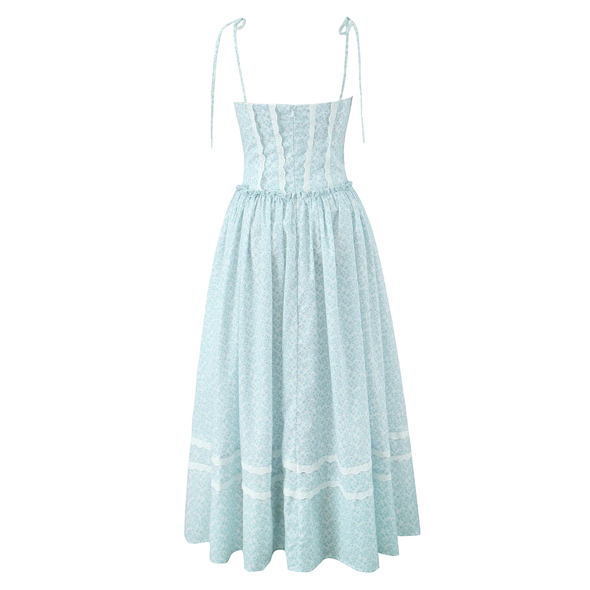 2025 Sexy Blue Floral Covered Hook Button Corset style Midi Long Sling Dress Women Spliced Lace Low Waist Party A-line Dresses