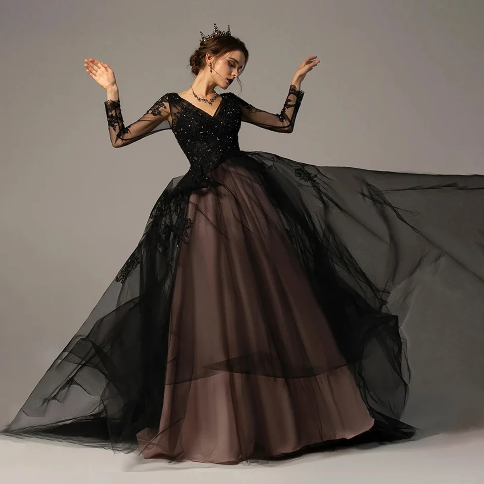 فستان سهرة من التل بأكمام طويلة أسود قوطي مخصص 2025 عتيق مزين بالدانتيل مطرز بالخرز وأربطة من الخلف فستان حفلات للنساء