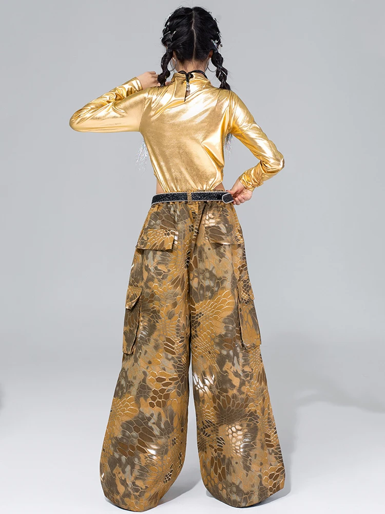 Kpop Ragazze Costumi di danza jazz Top dorati Pantaloni cargo Maniche lunghe Tuta da prestazione Hip Hop Abbigliamento da competizione Bambini BL17717