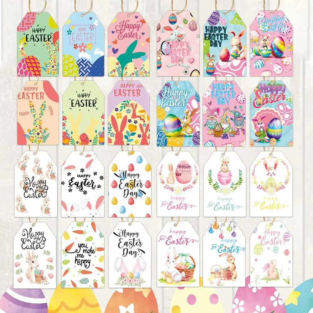 60PCS Paper Easter Paper Tags with Ropes Easter Rabbit Hang Labels DIY Packaging Egg Wrapping Card Tag Happy Easter Day