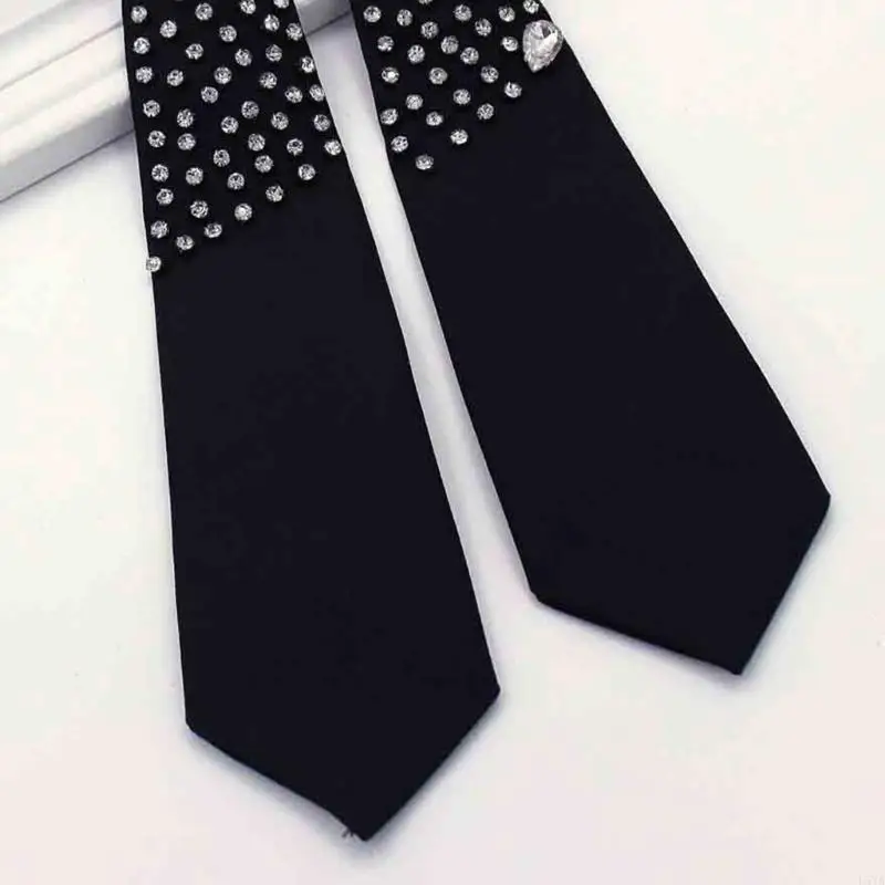

L5YA Women Men Student Neck Tie for Uniform Sparkling Rhinestones Embellished Black Pre Tied Tie School Shirt Collar Ties