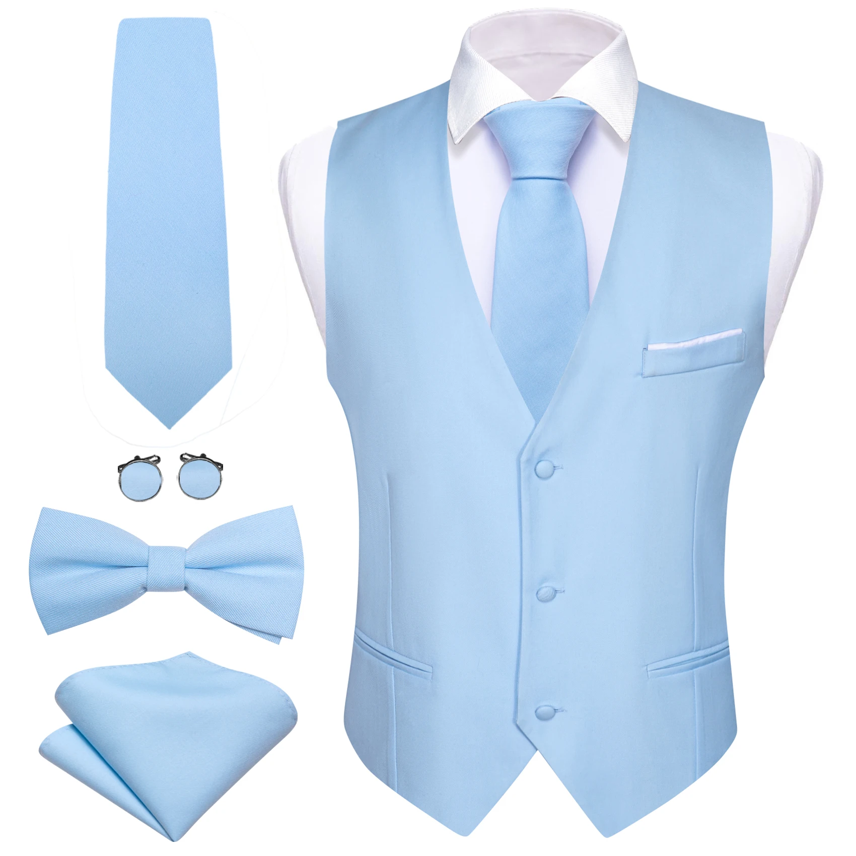 Men Solid Color V Neck Suit Vest 5 Pieces Set Smooth Fabric Waistcoat Tie Bow Tie Pocket Square Cufflinks Wedding Party Business