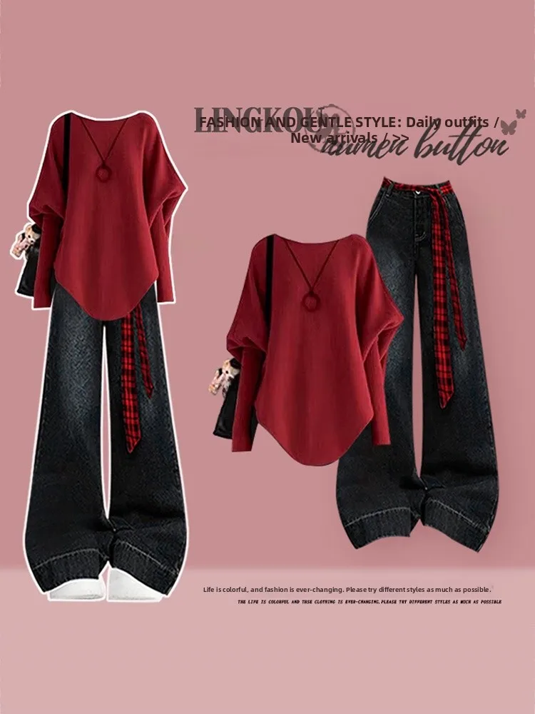 

Sli Knitted Red Top And Slimming High Waist Jeans Two Piece Set for Women Beautiful Autumn Winter Faion Retro Sle