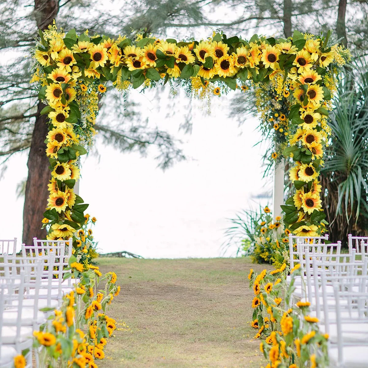 Künstliche Blumen, Sonnenblumen-Ranke, Hängende Blumen, Wanddekoration, Festival-Rattanblätter-Girlande, Outdoor-Hochzeit, Heimtisch-Deko, DIY-Dekoration – Detail 4