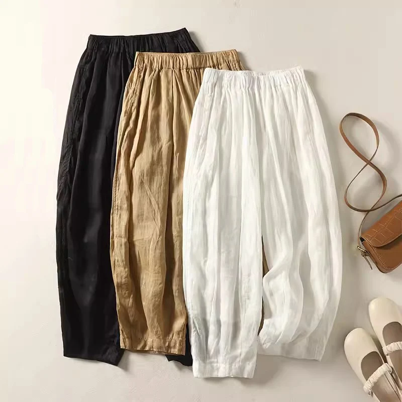 

Vintage Harem Pants for Women 2024 New Summer Thin Cool High Waist Trousers with Pockets Female Cotton Blends Casual Loose Pants