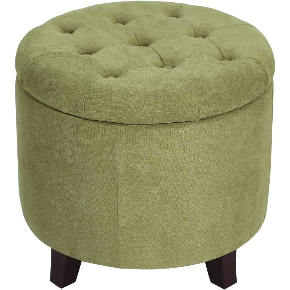 

Fabric Cushion Round Button Tufted Lift Top Footstool, Height 17 Inches Storage Bench Ottoman, Strudy, Kiwi