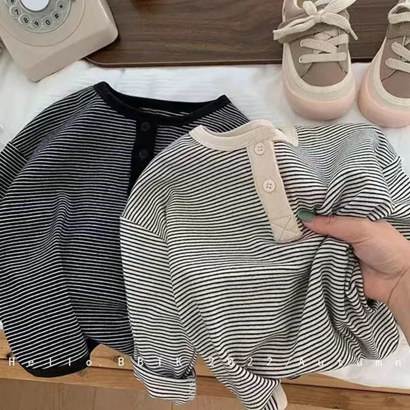 Girls Korean Striped Children's Bottoming Shirt Baby Simple Top Children's Spring Autumn Long Sleeved T-shirt Boys