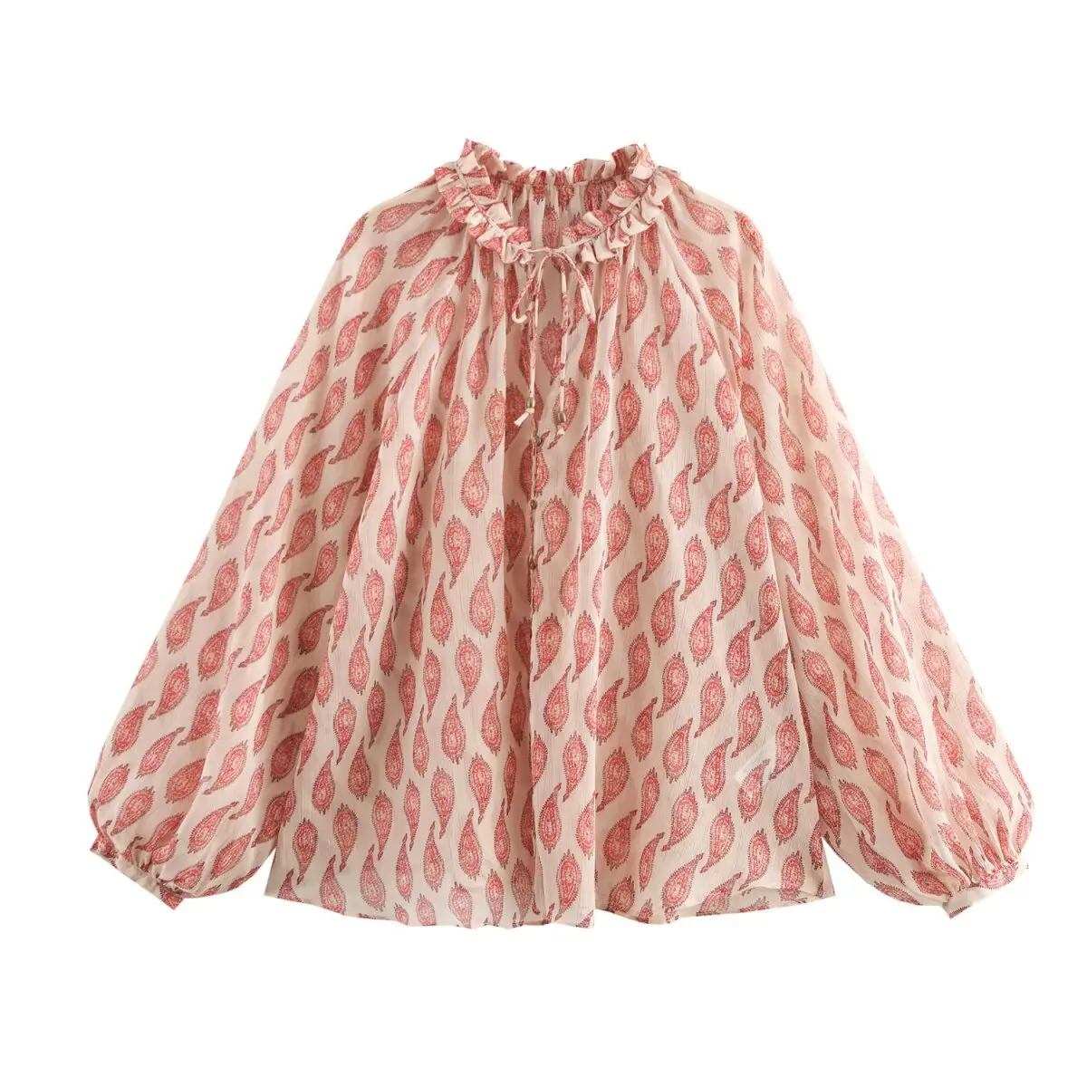 

ZBZA Women's Loose Printed Blouse Adjustable Lace-up Collar Lantern Sleeve Casual Elegant Sweet Shirt Spring Summer Chic Blouse