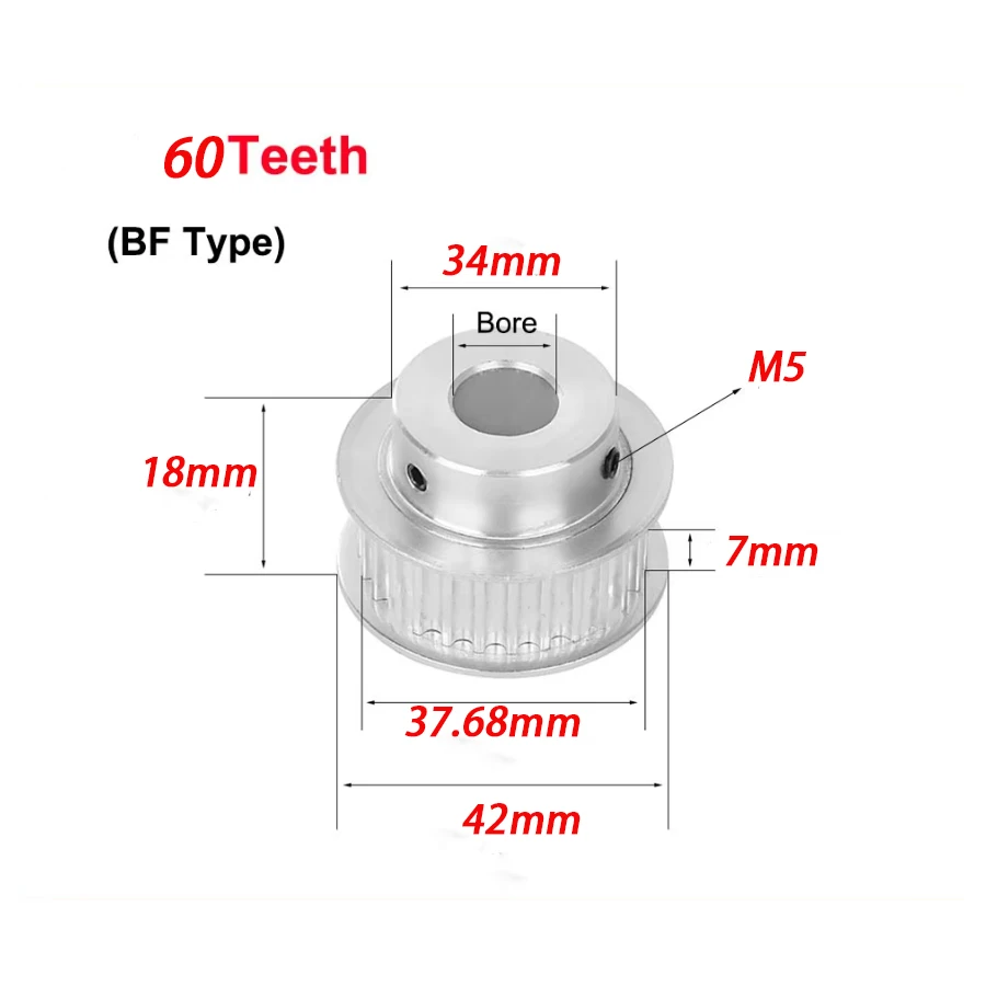 1Pcs 2GT 60Toothed  M5 BF Type Synchronous Wheel  Width 7mm Aperture 5/6/8/10~25mPrinter Synchronous Belt Wheel