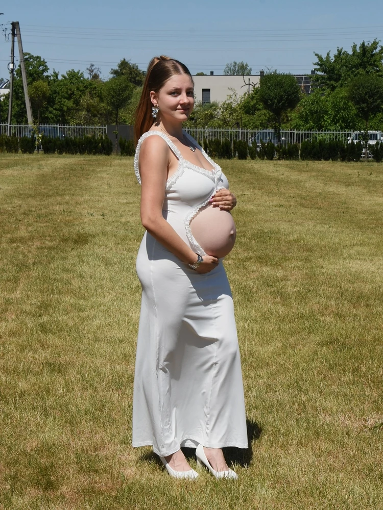 

White Maternity Dress Photoshoot Sleeveless Ruffle Maxi Gown Elegant Pregnancy Outfit Bump Friendly Baby Shower Photography Wear