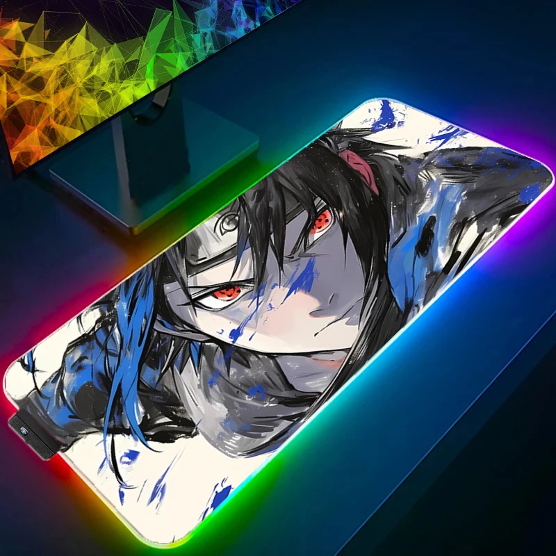 Anime NARUTO Uchiha Sasuke RGB Pad Mouse Backlight HD Print Computer Gamer Locking Edge LED Mousepad XXL Keyboard PC Mice Mats
