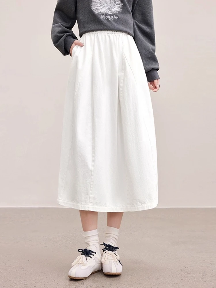 SENTUBILA Solid Skirt Women's 2026 Autumn Cotton Loose Fit A-line Pockets Elastic-Waist Petal Skirt Ankle-length 153QA2529