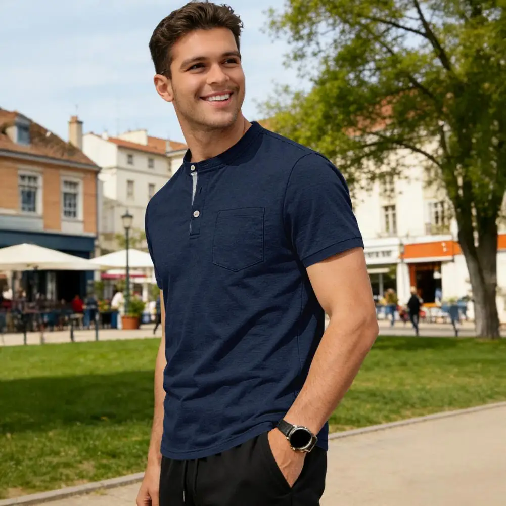 New Men's Short Sleeve Collar Shirts Summer Solid Color Casual Shirt Trendy Breathable Loose Basic Splice Oversize Top