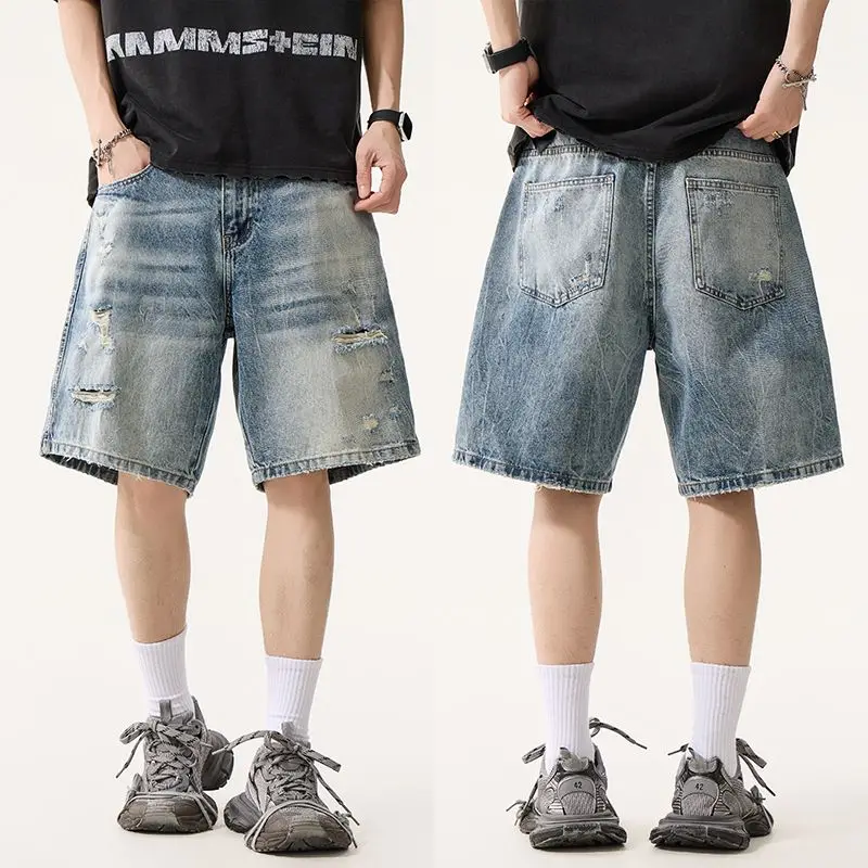 

KSTUN Men's Vintage Distressed Ripped Denim Shorts High Street Loose Wide Leg Knee-Length Casual Jean Shorts Hiphop Motocycle