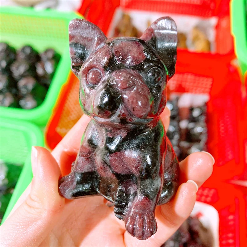 Natuurlijke Granaat Cartoon Hond Franse Bulldog Snijwerk Kwarts Genezende Kristallen Steen Schattige Verjaardagscadeau Huisdecoratie 1 Stuks