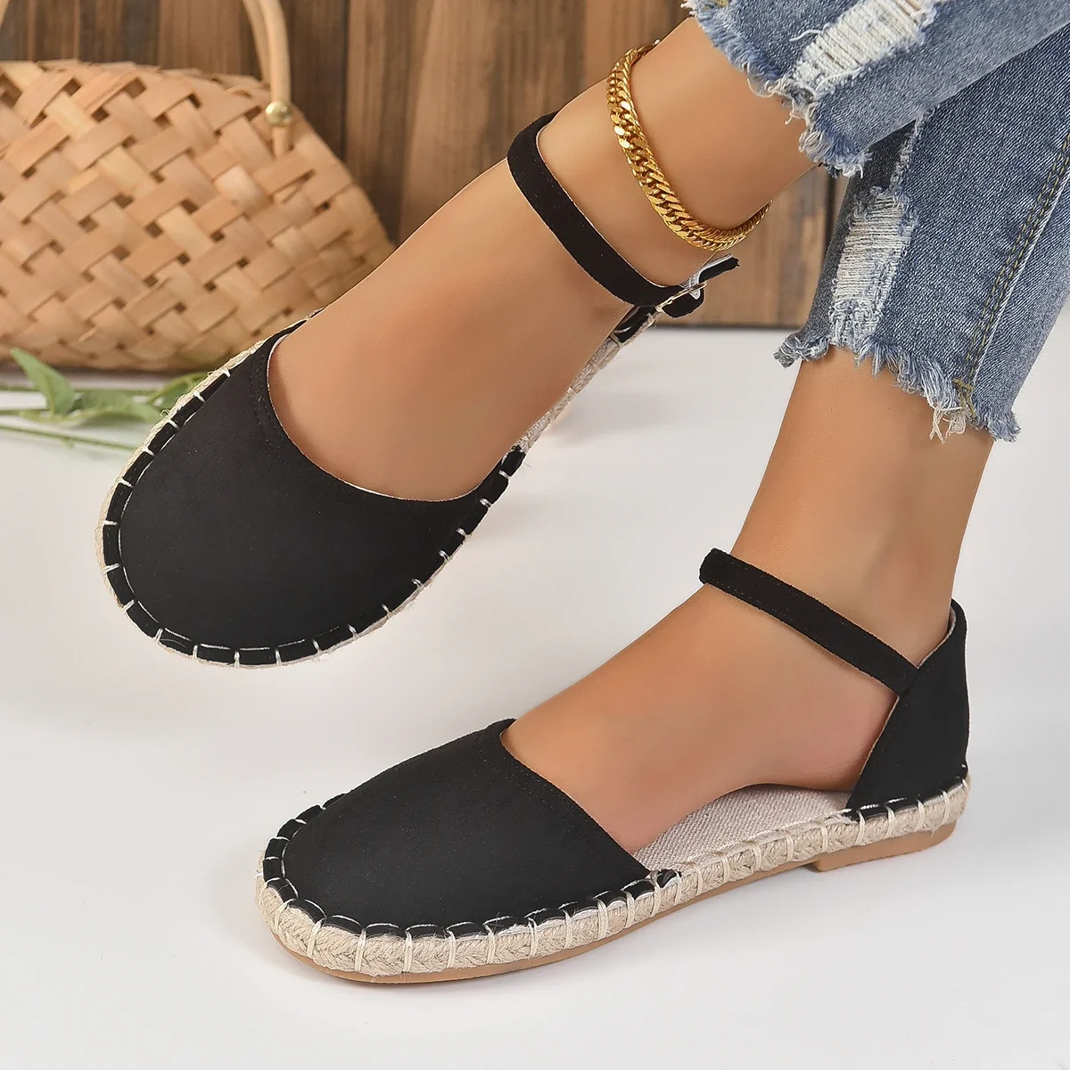 Plus Size 43 Shoes of Women Ankle Strap Espadrilles Roman Sandals Flat Hemp Rope Womens Shoes Comfort Summer Women Sandals 2022