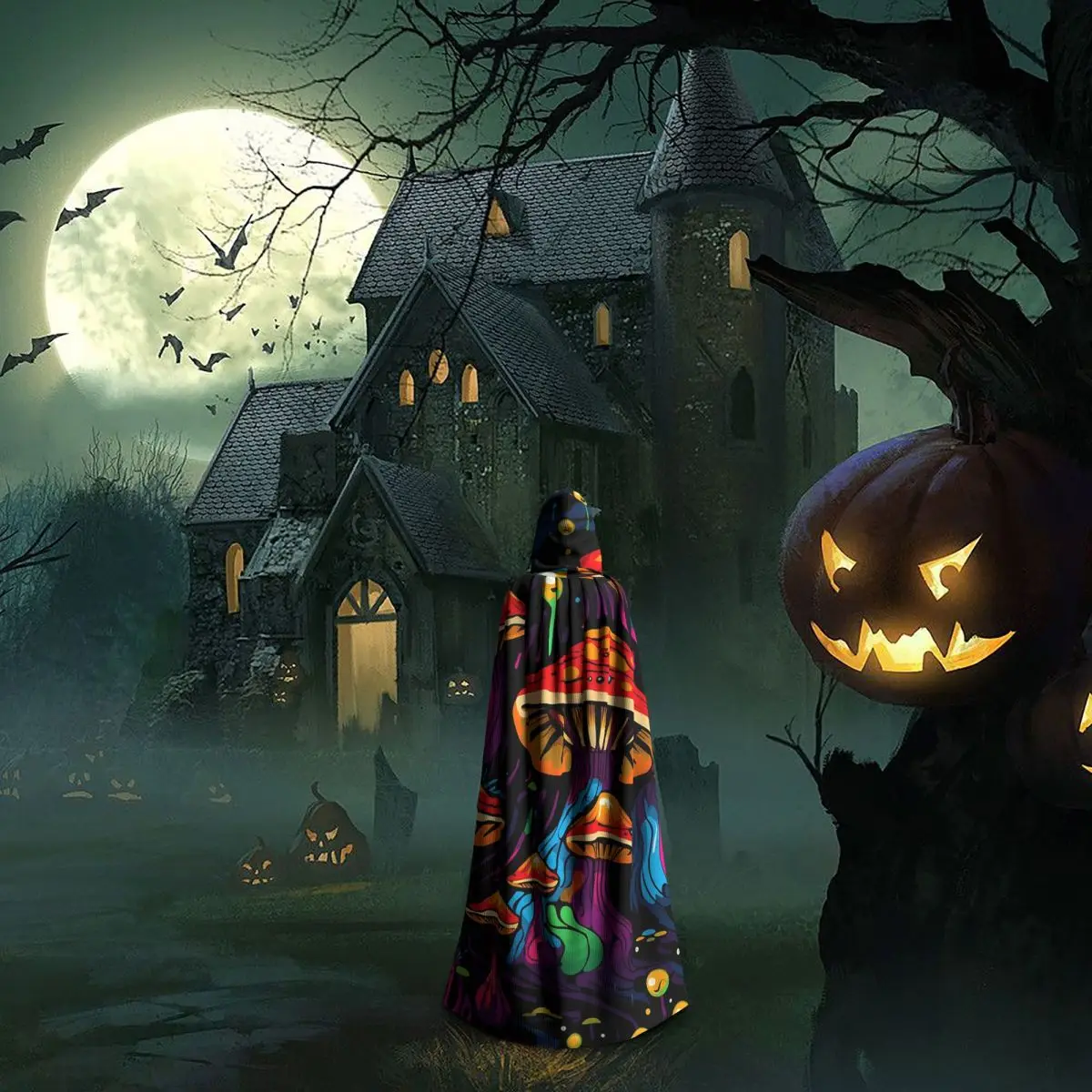 Acid Trippy Weird Psychedelic Wavy Mushroom Long Hooded Cloak Witch Medieval Costume Cosplay Cape HalloweenCoat Adult Unisex