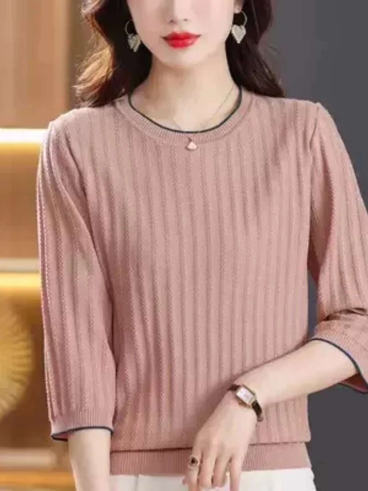 

Women's round Ne Ice Silk Knitted Top Svel Seven-Quarter Length Spring Summer Base Layer irt Korean Sle Loose Fit