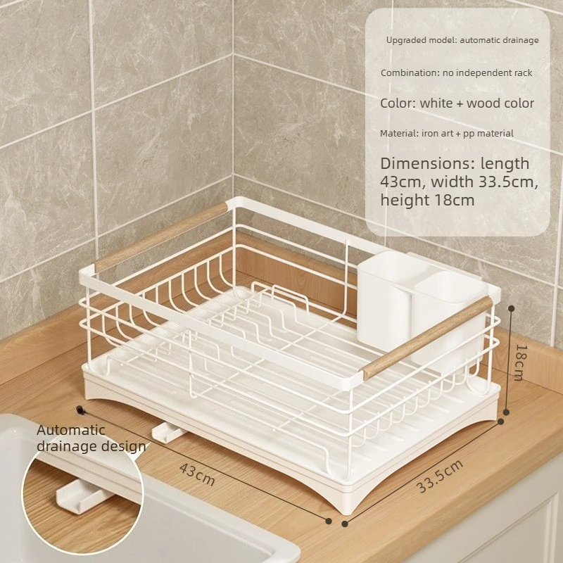 

Double Layer Dish Drying Rack with Auto Drain System Iron Organizer for Plates Bowls Cups and Kitchen Countertop Use