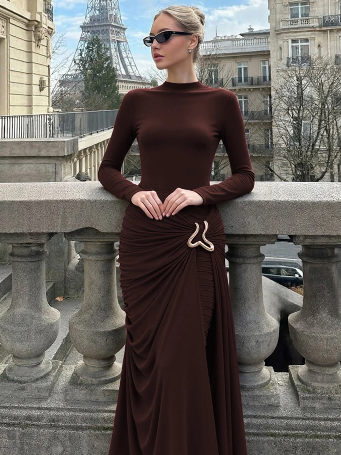 Dulzura Oansatz Lange Ärmel Geraffte Metall Dekoration Schlanke Lange Kleid Frauen Solide Sexy Elegante Kleidung Party Club Herbst Outfit