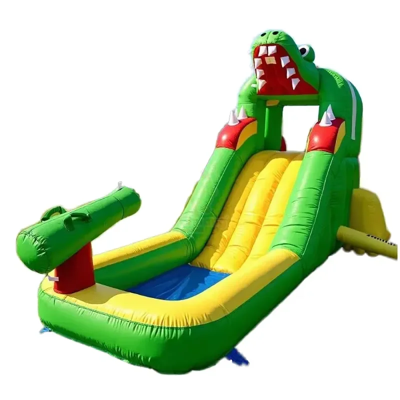 Cartoon Alligator Inflatable Wet Slide, Built-in Water Cannon, Heavy PVC for Children Garden Summer Water Game & Rental