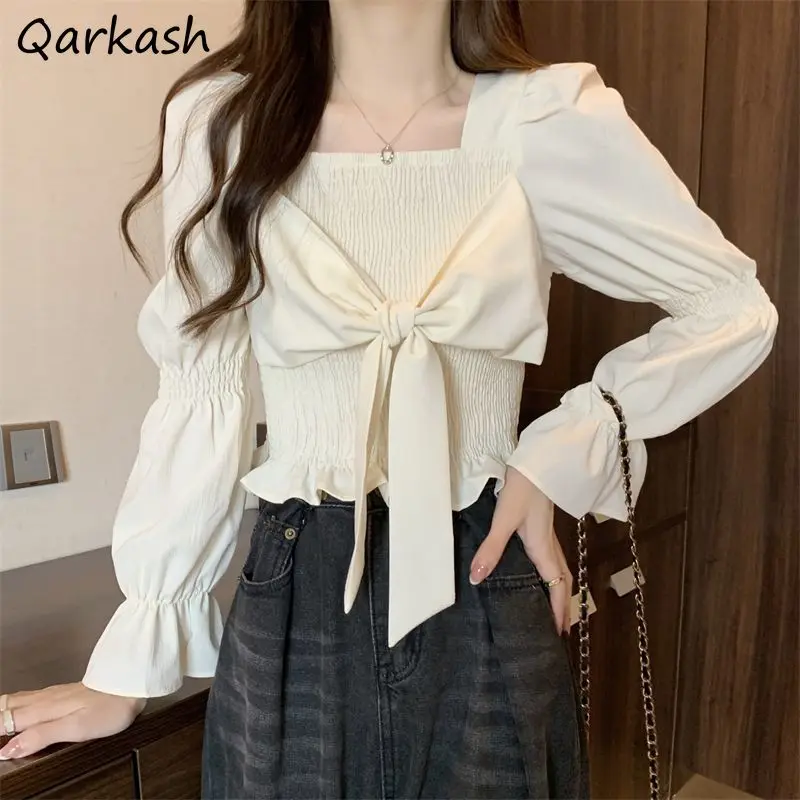 Women's Puff Sleeve Blouses Sweet French Square Collar Blouse Lovely Tender Female Aesthetic Bow-design Clothes Spring Autumn