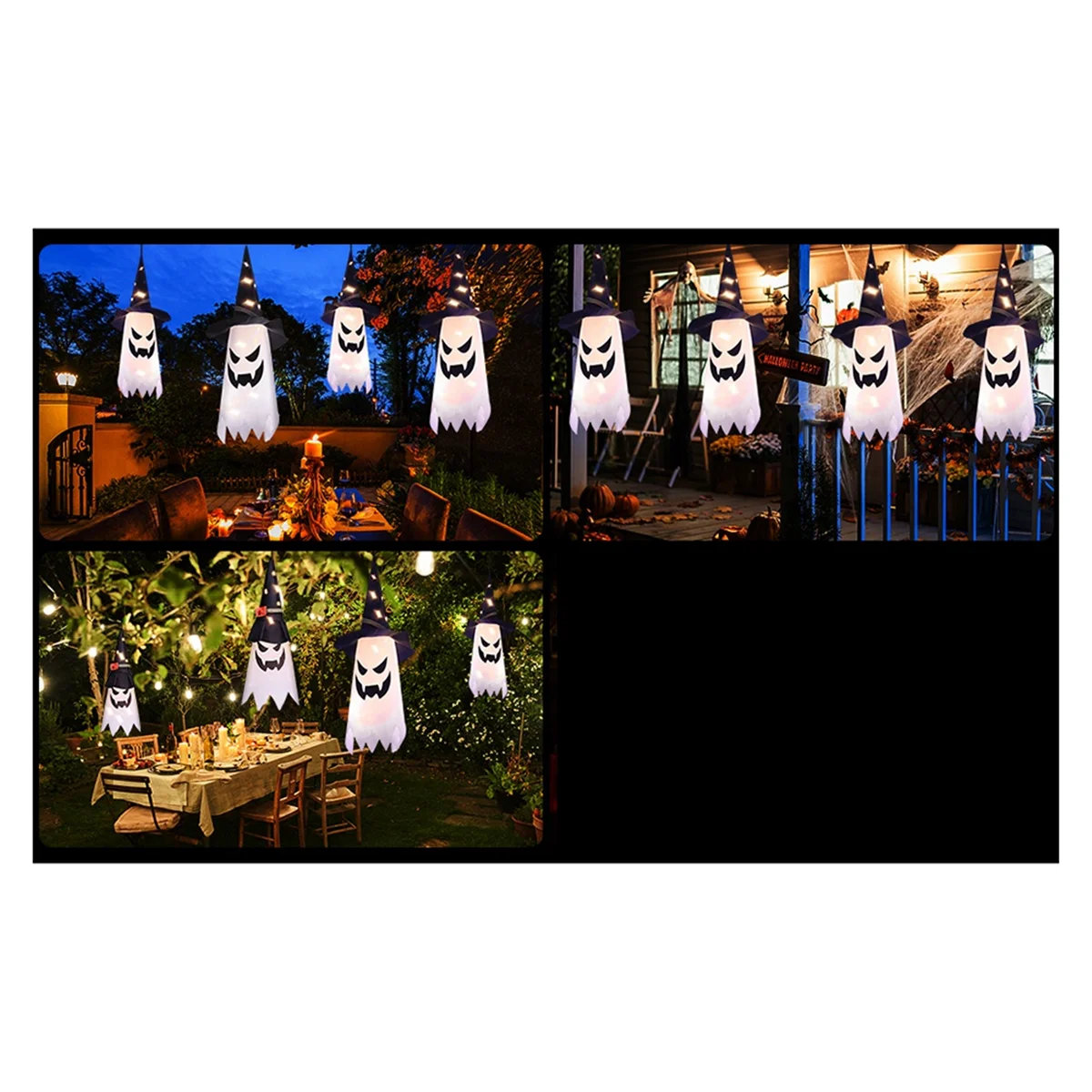 4PCS Halloween Decorations Outdoor Halloween Decor Hanging Outdoor String Lights Glowing Ghost Witch Hat