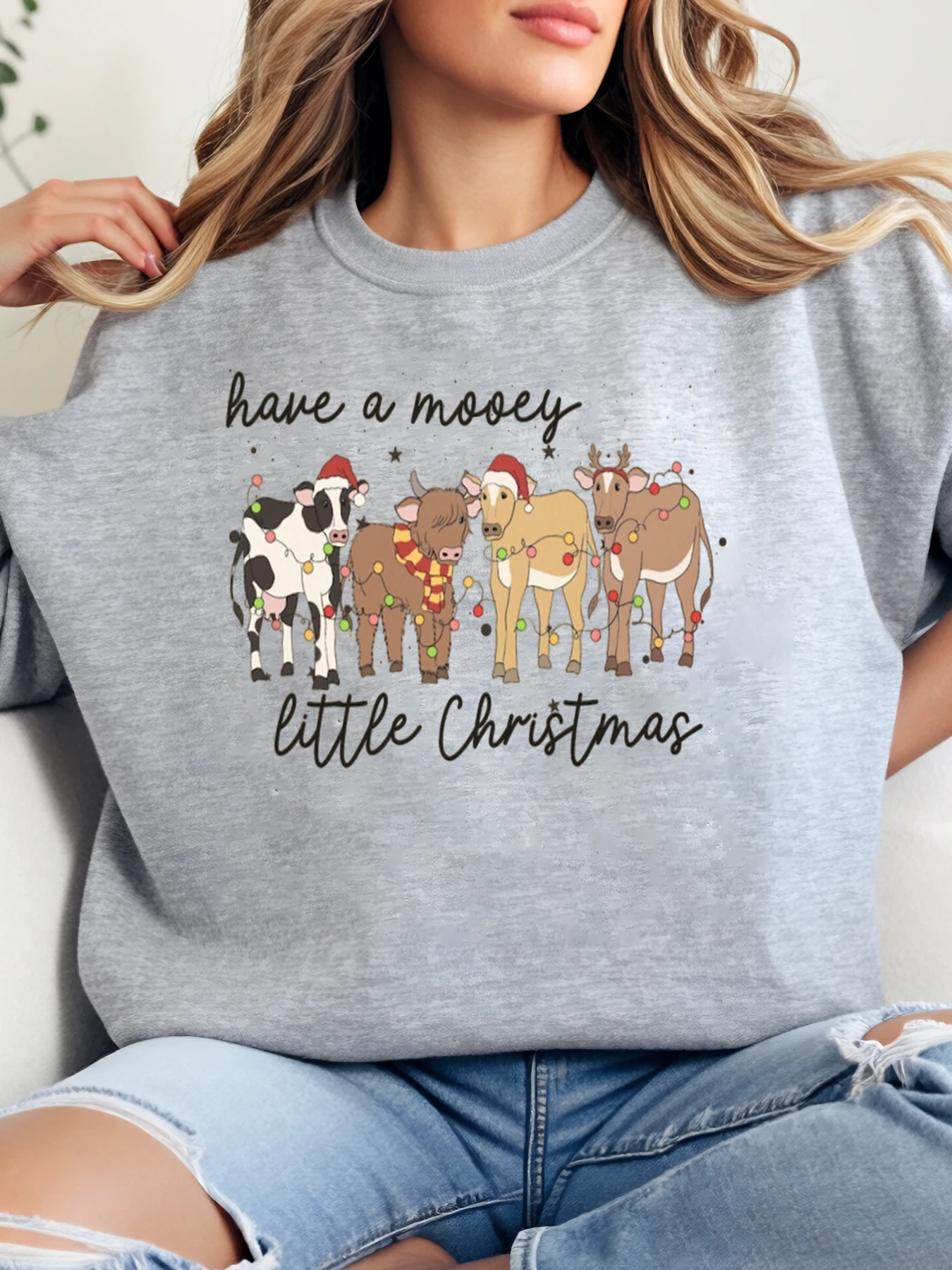 

Рождественский принт коровы Have a Mooy Little Christmas Sweatshirt Женская праздничная повседневная одежда серого цвета больших размеров