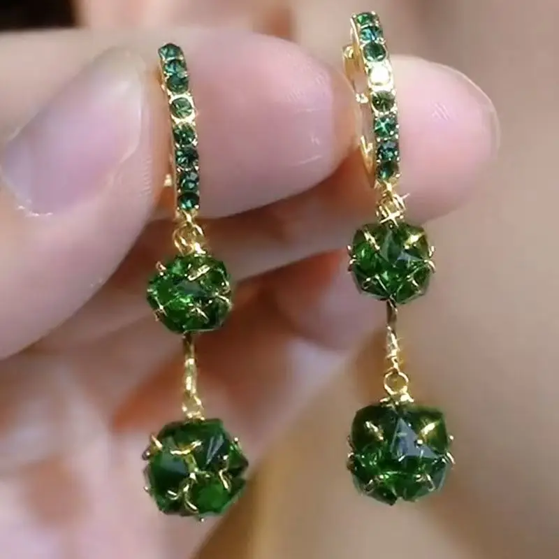 

Light Luxury Elegant Emerald Green Zircon Ball Tassel Earrings2025Design Sense Diamond-Studded Ear Cuffs Face-Slimming Earrings