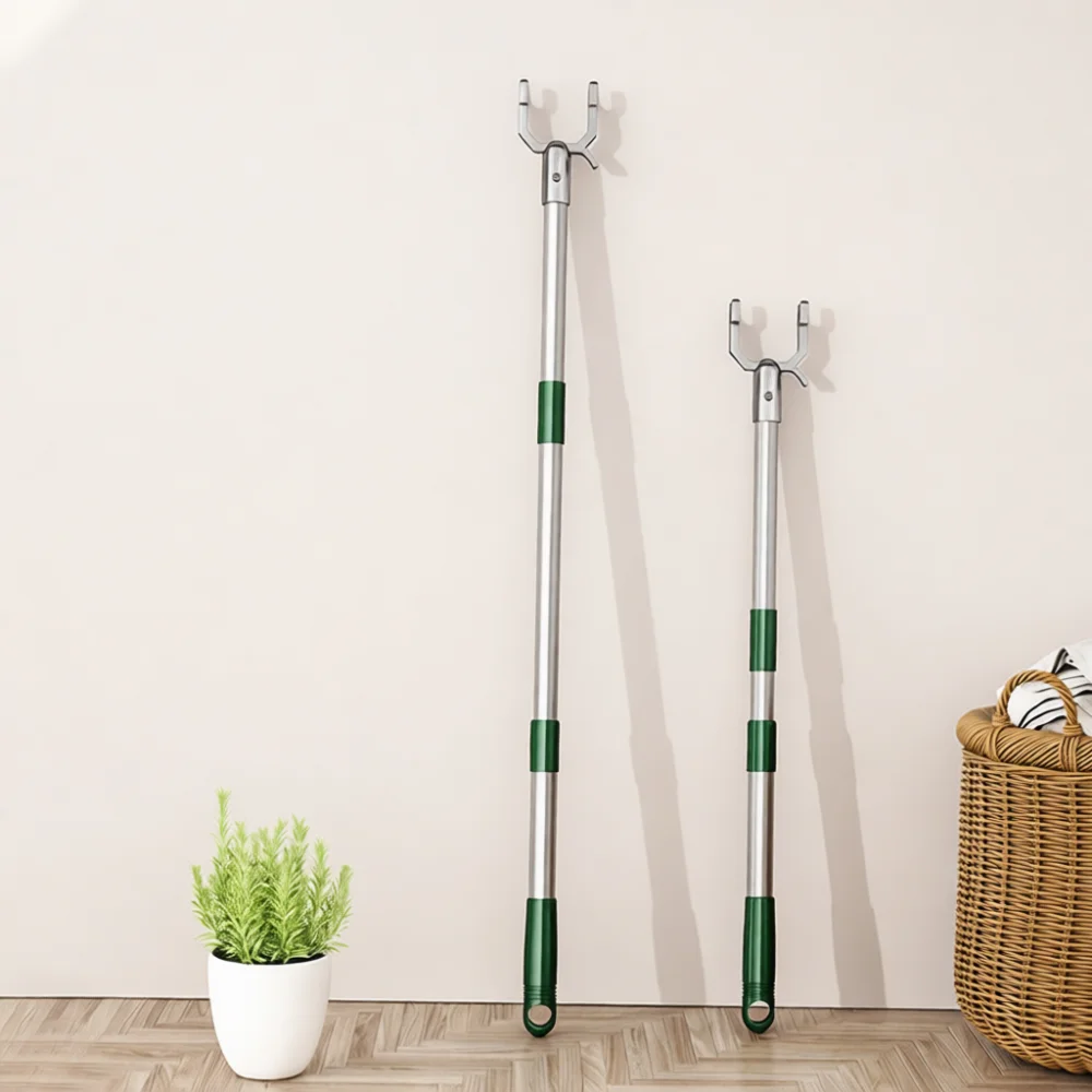 Retractable Laundry Reach Stick Household Clothes Drying Pole Durable Metal Hanger Fork Adjustable Storage Tool Rod