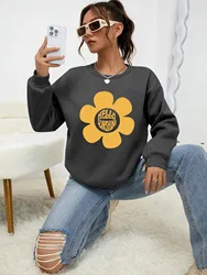 Hello Sunshine Big Yellow Flower Printed Hoodie Women Autumn Casual Pullovers Fleece Simple Sweatshirt Crewneck Female Tops