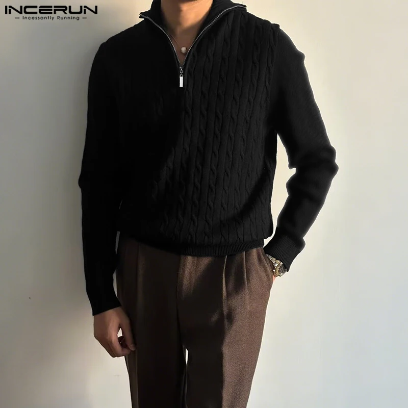 

INCERUN мужской свитер однотонный вязаный мужской пуловер на молнии с длинными рукавами уличная одежда 2025 модные повседневные свитера мужская одежда