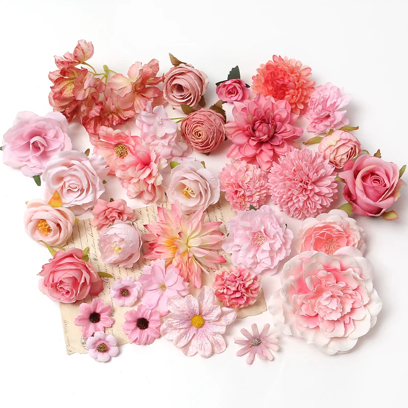 Bulk Pink Artificial Flowers Head For Wedding Home Decor DIY Fake Flowers For Decoration Birthday Party Craft Wreath Decoration