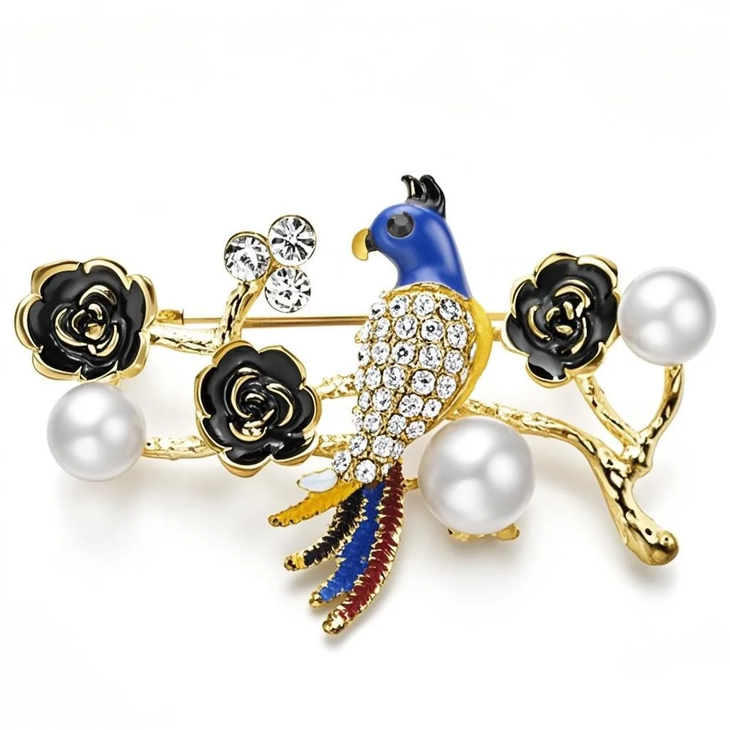 Parrot Brooches For Women Girl Enamel Flower Rhinestone Crystal Simulate Pearl Brooch Pin Weddings Banquet Jewelry Gifts Z056
