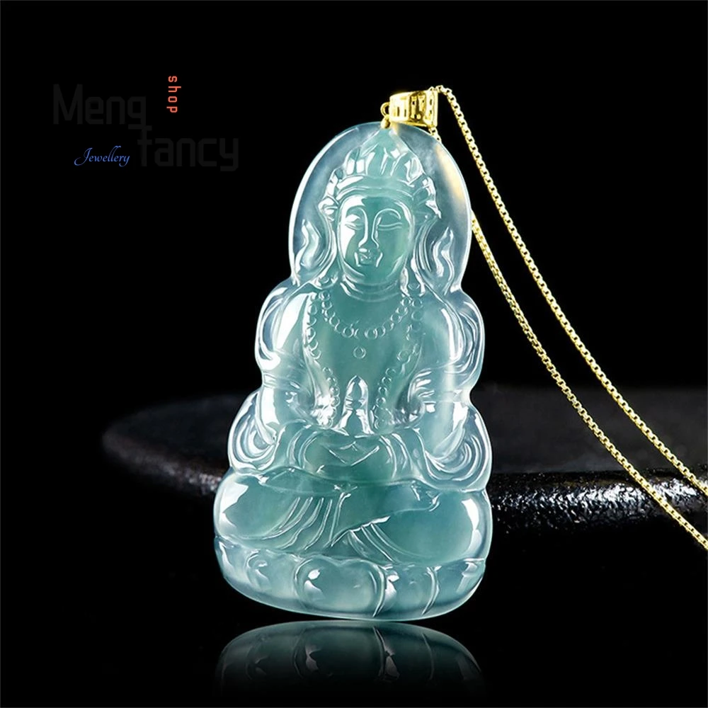 

Natural A-goods Jadeite 18K Gold Buckle Head Blue Water Tudor Goddess Of Mercy Icy Jade Pendant High-grade Fine Buddhist Amulets