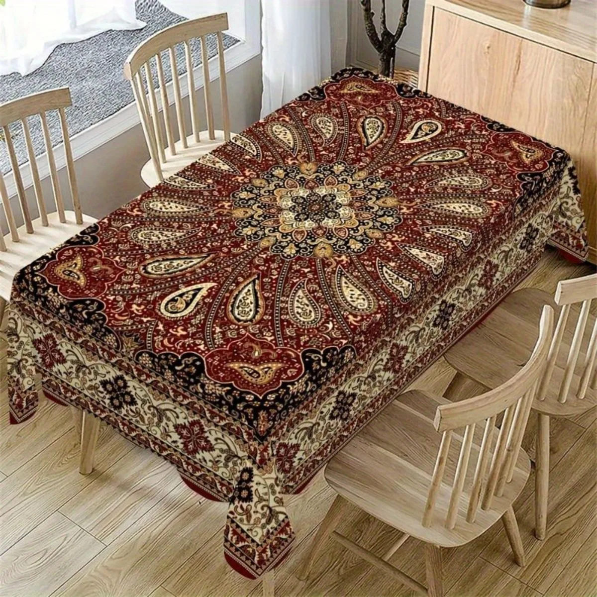 Bohemian Red Gold Paisley Print Tablecloth Fabric Decorative Dining Table Cover Moroccan Style Centerpiece Home Decoration