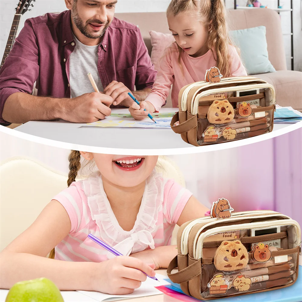 Cute Pencil Case Clear Pencil Pouch Multi-Layer Pencil Case Capybara LargeCapacity PencilCase Wide Opening Pencil Pouch for kids