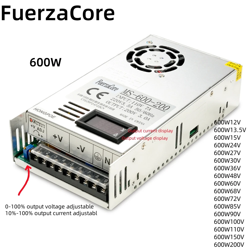 

600W Digital Display SMPS 0-12V 15V 24V 27V 30V 36V 48V 60V 68V 72V 85V 90V 100V 110V 150V 200V 110/220V Ac LED Motor Battery