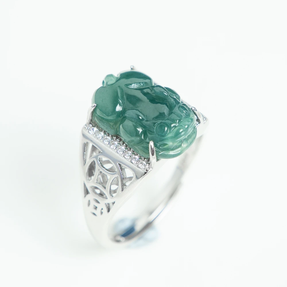 

TIMESWIND Fashion S925 Silver Coin Hollow Natural A-type Jade Blue PIXIU King Men Open Ring with Certificate