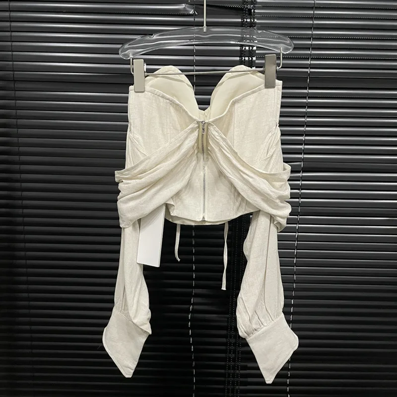 HKSH 2026 Summer New Women Sexy T-shirt Strapless Long Sleeves Lace-up Slim Fit Pleated Zipper French High-end Sexy Tops HK18423