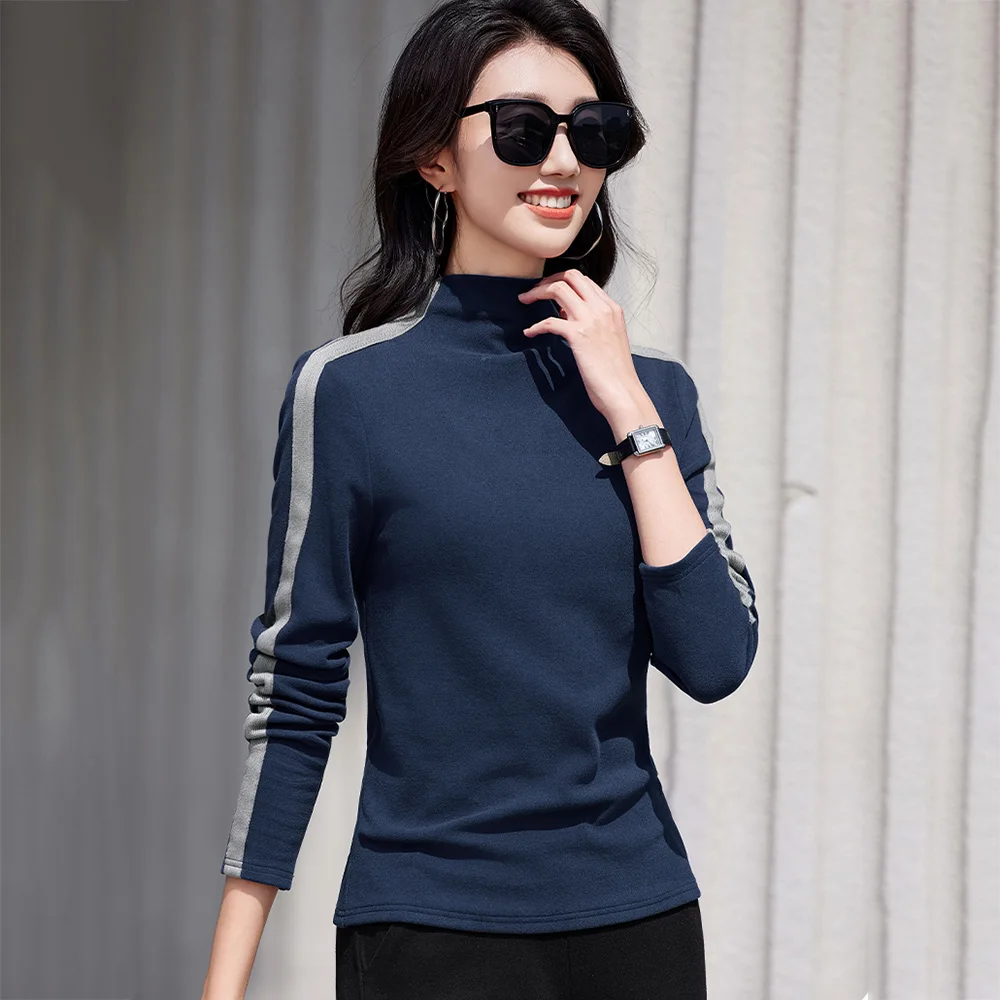 New Women Winter Thick Bottoming T-shirt Fashion Half High Collar Contrast Color Slim T-shirt Casual Simplicity Basic Warm Tees