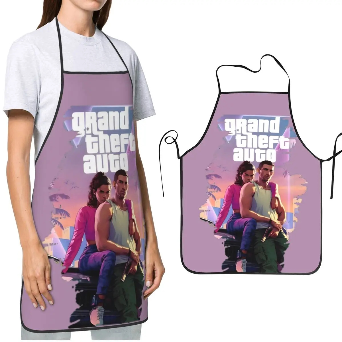 Women Men Chef Bib Apron GTA 6 Jason And Lucia GTA VI New Game Cooking BBQ Grilling Aprons Neck Strap Oil & Water Resistant