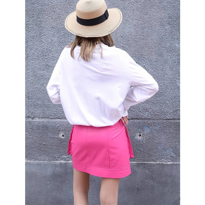 M-3XL Fashion Pink Real Leather Sheepskin Women's Short Skirts High Waisted A-line Zipper Big Pocket Female Y2K Lambskin Skirts