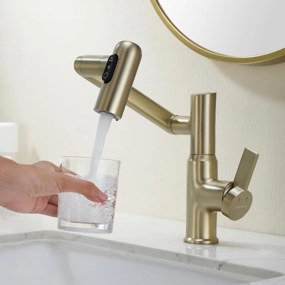 Rotatable Bathroom Faucet with Temperature Display, 3 Water Modes, Brushed Gold, Battery-Free, BF2204-6 Long Tail Keyword
