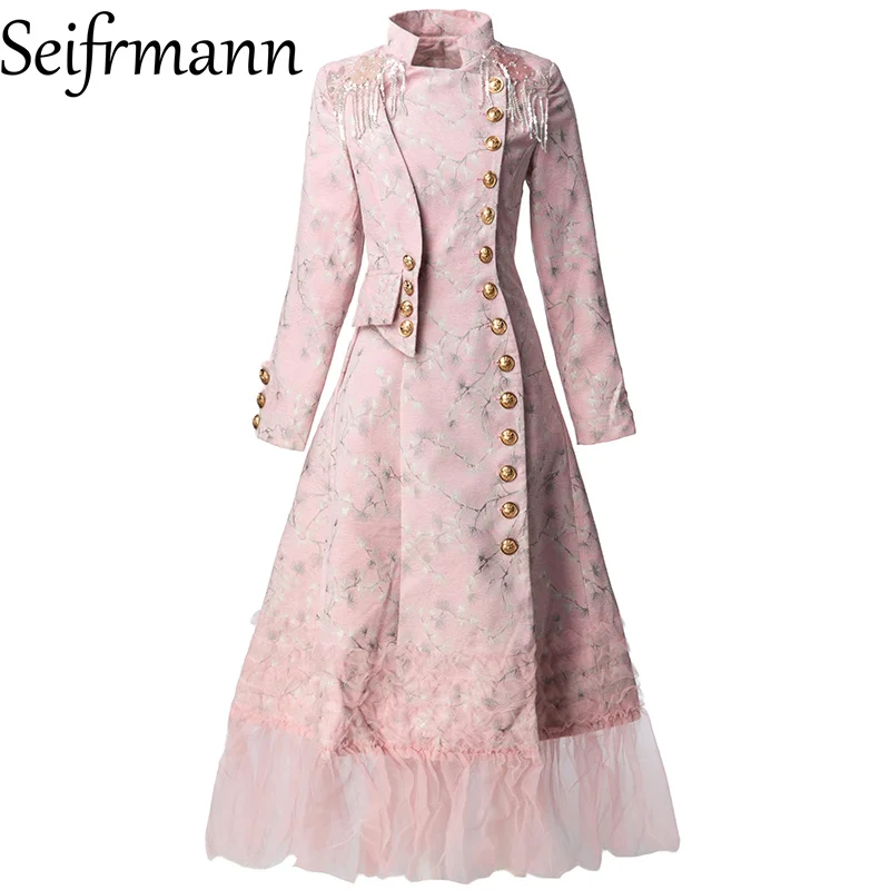 Seifrmann 2026 Spring Women's New Fashionable Stand up Collar Long Sleeve Printed Splicing Lace Temperament Waist Dress