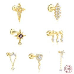 AIDE 1piece Real 925 Sterling Silver Stud Earrings For Women Girls Handmake Internal Thread Ear Bone Studs Clavos para los oídos