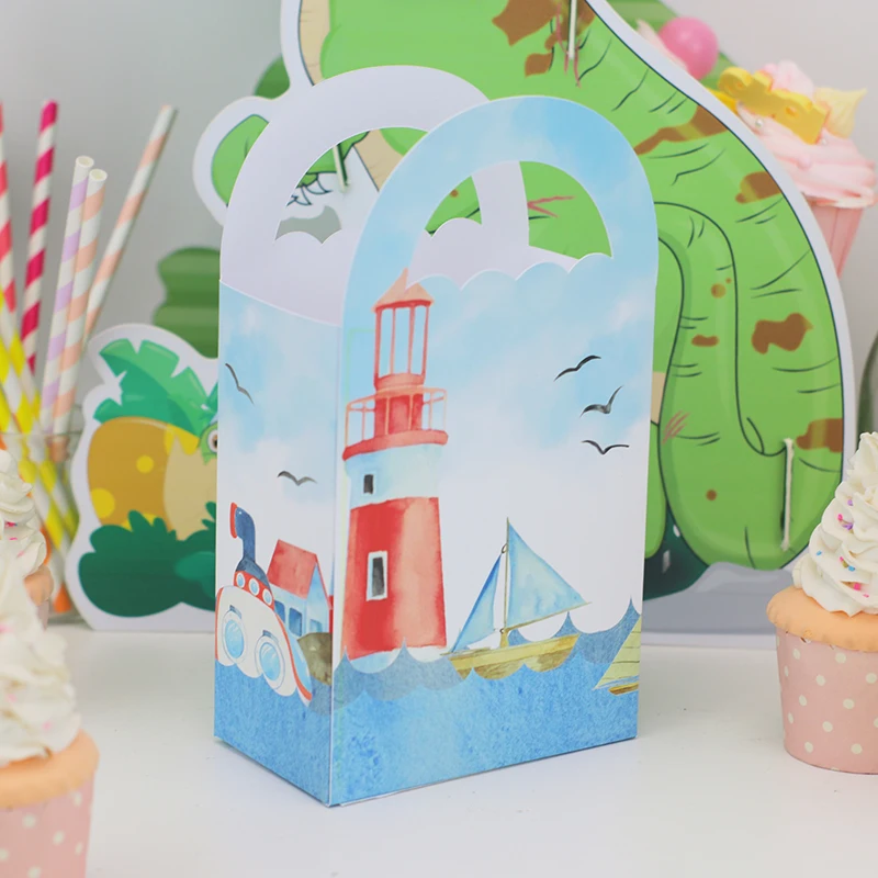 Sail Boat Nautical Personalized Birthday Party Favor Box With Handle Paper Bags Treat Goodies Cookies